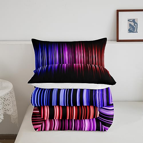 Image of Red Blue and Black Comforter Full Size for Boys Girls, Stripes Comforter Set Ombre Gradient Lines Bedding Set Abstract Duvet Set 3Pcs