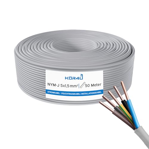 kör4u NYM-J 5 x 1,5 mm² – 50m, cavo di installazione, cavo con guaina, cavo di alimentazione per installazione elettrica, cavo per ambienti umidi, DIN VDE 0250-204