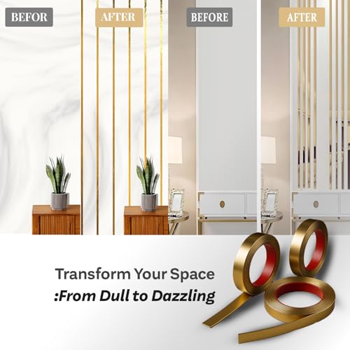 Image of Gold Moulding Patti for Wall - 5M Self Adhesive Metal Strip | T Profile Wall Moulding Trim for Ceiling, Furniture, Cabinet, Tile Border | 25MM SS 201 Mirror Finish (Gold, 25MM)