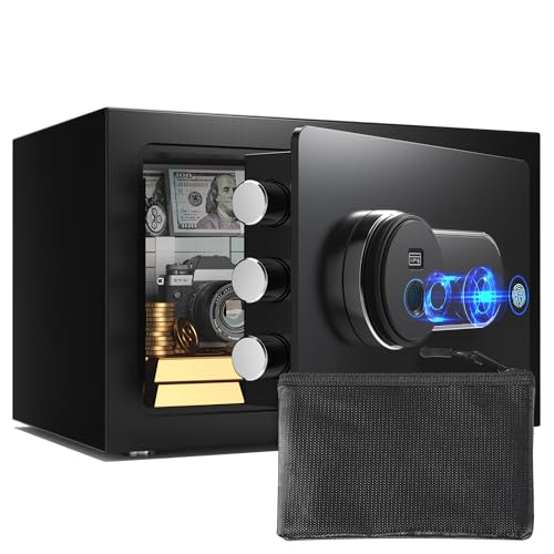 Marcree Safe Box with Fireproof Waterproof Bag, 0.5 Cub Small Home Safety Box with Key, Biometric Fireproof Personal Safes, Fingerprint Money Safe for Home Hotel Bedroom, Fingerprint Unlock