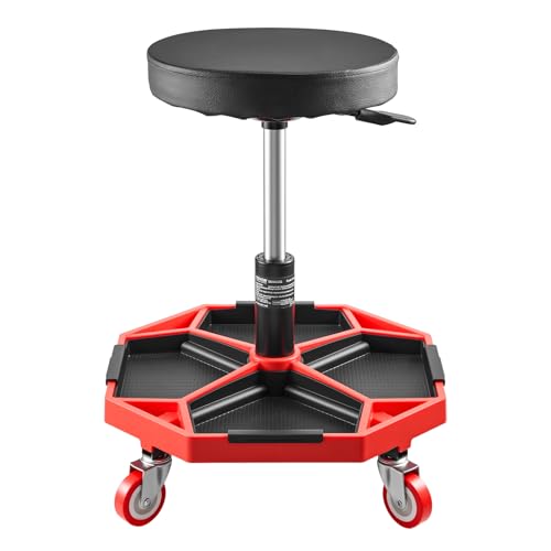 VEVOR Rollbarer Werkstatthocker Werkstattsitz (136 kg Tragkraft) Garagensitz Arbeitshocker, höhenverstellbar (420–550 mm), Rollsitz mit Werkzeugablage für Garage Werkstatt Autoreparatur, Schwarz+Rot