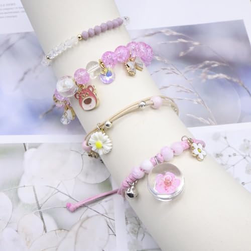 Image of 4 Pcs Beaded Cute Bracelets for Teen Girls Women, Dainty Cute Cartoon Crystal Beads Pearl Stretch Charm Handmade Adjustable Anklets Bracelet Set Birthday Gift for Friends