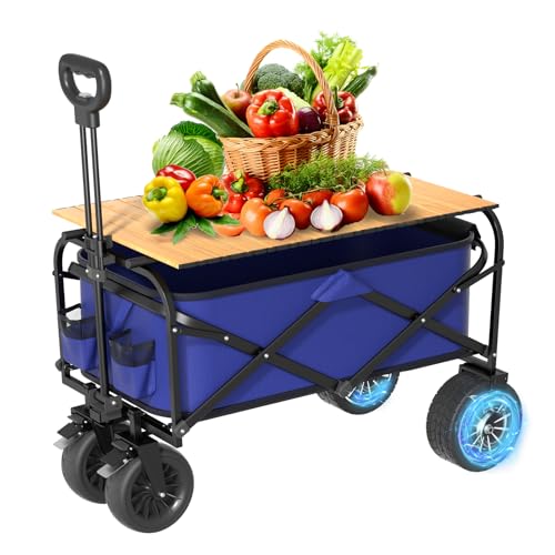Carro De JardíN Plegable EléCtrico De 90cm, 136 Kg, Resistente, Todoterreno, Carretilla Electrica con Tablero De Madera ExtraíBle, Doble Motor, para Camping, Playa Y Compras (Azul)