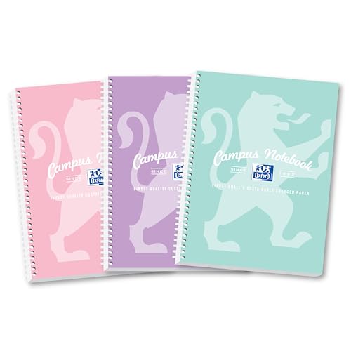 Oxford Campus Pastel A4 Notebooks 140 Page Wirebound Pads with Premium Optik Paper+ Easy Tear Perforation 8 mm Lined with Margin Pack of 3 Notepads