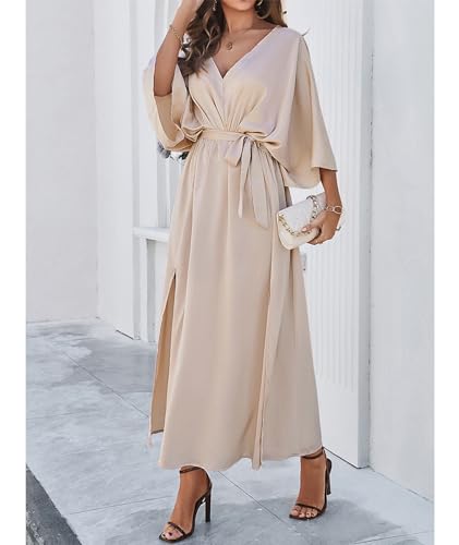 Image of SEMATOMALA Women's Satin Batwing Sleeve Cocktail Evening A Line Long Dress V Neck Ruched Loose Maxi Dress