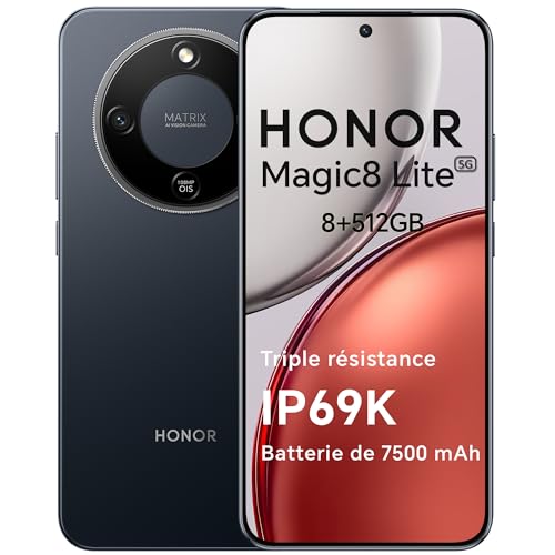 HONOR Magic8 Lite Smartphone 5G, 8+512GO, Triple résistance-IP69K, 7500 mAh, Caméra 108 MP OIS, Écran AMOLED de 6,79 Pouces téléphone Portable, AI...