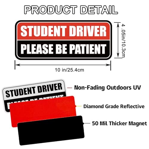 Image of 3 Pcs Student Driver Car Magnet, Please Be Patient Student Driver Magnet | Teen Driver for Car Removable Novice Rookie Safety Atntteion Sign - Weather-Resistant Red /Black