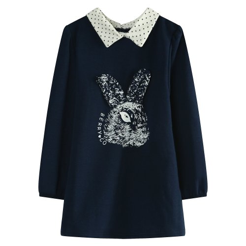 Richie House Girls' Pullover with Rabbit Print and Polka Dot Collar RH1433