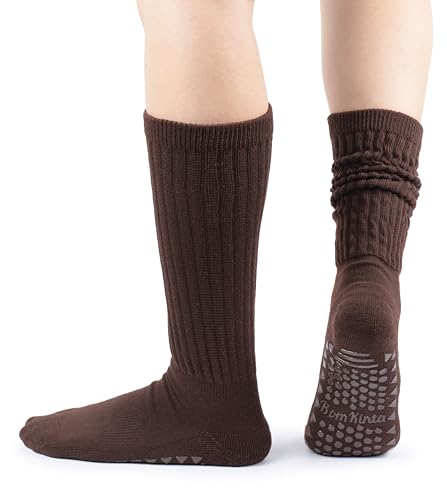 BomKinta Pilates Socks with Grips for Women Yoga Grippy Slouch Scrunch Sock Slipper Socks for Barre Workout Hospital Gifts Size 5-11 3 Pairs Beige Coffee Brown - Thumbnail 6