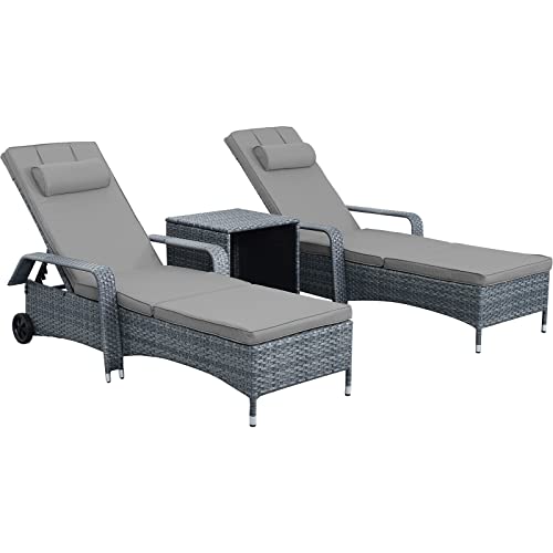 Valita Patio Rattan Chaise Lounge With Rolling Wheels Adjustable Reclining Backrest 3-Piece Outdoor Pe Wicker Sun Bathing Chair Furniture Set With Storage Side Table & Washable Gray Cushions #TOP5