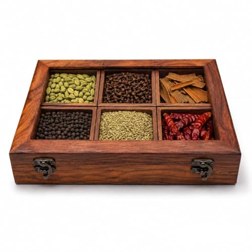Image of Wooden Spice Box with 6 Removable Compartments|Masala Dabba for Kitchen Storage | Premium Wooden Spice Organizer with Transparent Glass Lid | Multipurpose Storage Box 120 ML