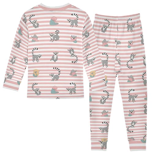 Pajama Sets Long Sleeve Lemur Pattern on Pink Stripes Soft Comfy Sleepwear 2 Piece PJS 3-8T3