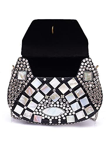 Image of Shakuntala Vintage Clutch - Metal Mosaic Stone & Shell Design Purse - Handmade Women's Handbag