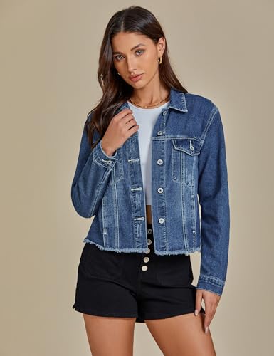 Image of luvamia Denim Jacket for Women Distressed Jean Jackets Button Up Vintage Western Trucker Jacket Frayed Hem Pockets