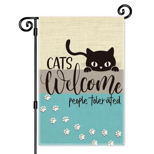 JMYROG Cats Welcome People Tolerated Garden Flag, Pet Lover Porch Flag, Outdoor Home Decor Double Sided Yard Flags Banner for Patio Lawn, Cat Lovers Gifts for Women, Cat Owner Gifts