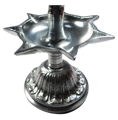 ORIVILLE WHITE METAL Finish DIYA: Peacock-Topped Medium KASHI SAMAI KUTHU VILAKKU SAPTA (07-Notched) DEEPAM/ JYOTI/ LAMP with Stand (07 Inches: Please RE-ASSEMBLE on receipt - as per photo instructions) - Image 6 thumbnail