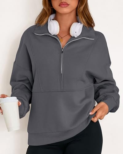 KIRUNDO Sweatshirt for Women 2026 Fall Half Zip Pullover Oversized Fleece Mock Neck Hoodies Fashion Outfits Winter Clothing(Dark Grey, Medium) — view 5