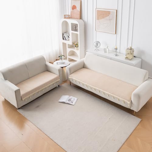 Image of HOKIPO 'Serenity Tassel' Chenille Sofa Cover 5 Seater Set with Tassels - Washable 3+2 Sofa Cover Mat | Ivory Fringe (IN-891 + IN-892 - BGE)