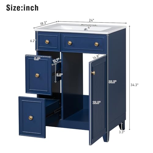 Image of 24 Inch Bathroom Vanity with Ceramic Sink, Freestanding Vanity Cabinet with 2 Drawers and 1 Door (Blue)