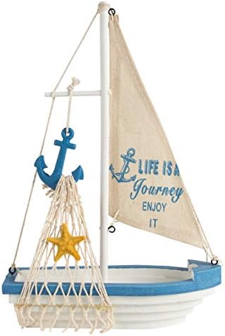 Juvale Sailboat Model Decoration - Wooden Sailing Boat Home Decor Set, Beach Nautical Design, Navy Blue and White with Anchor, 12.5 x 8.25 x 3 Inches