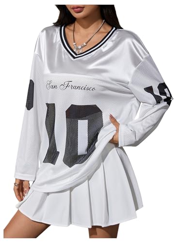 Verdusa Women's Jersey Shirt Long Sleeve Y2K Oversized V Neck Mesh