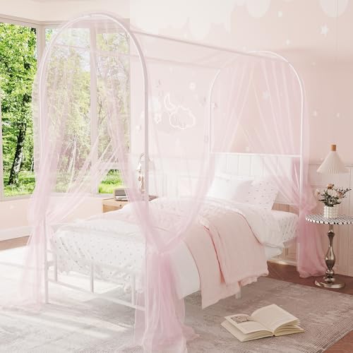 Garvee Twin Size Canopy Bed Frame with Upholstered Headboard, Kids Metal Platform Bed Frame with Strong Slats Support, Noise Free, No Box Spring Needed, Easy Assembly, White