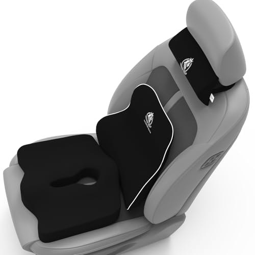 Image of MRRON Neckrest Back Support or Coccyx Orthopaedic Cushion for Long Sitting Universal fit with Ergonomic Design Made by High Density Memory Foam Used for Car or Office Chairs. (Black, Long Back)