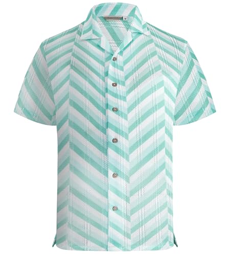Alex Vando Men’s Lace Shirt Short Sleeve See-Through Pattern Summer Beach Button Down Shirt,Green Herringbone,XXL