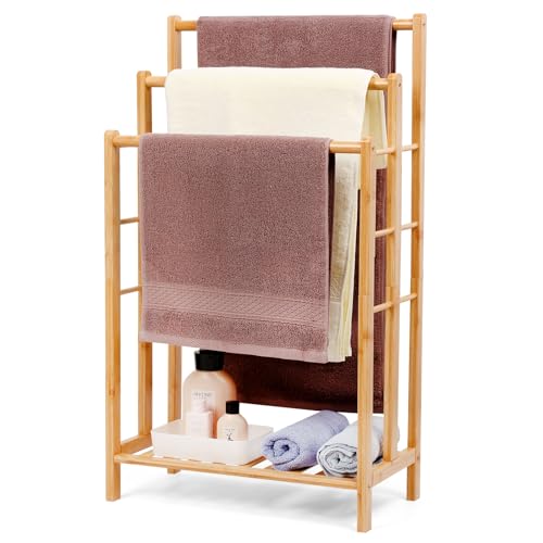 Relquorax Porte-serviettes en bambou avec rangement, porte-serviettes autoportant, échelle à serviettes debout avec 3 barres, pour salle de bain, salon, peu encombrant (86 cm de haut)