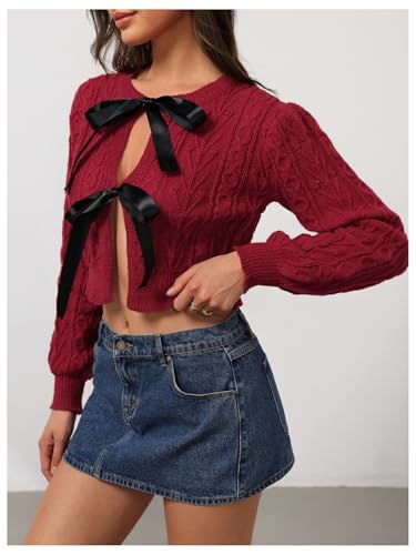 Image of MakeMeChic Women's Bow Knot Cardigan Sweater Cable Knit Tie Front Crop Tops