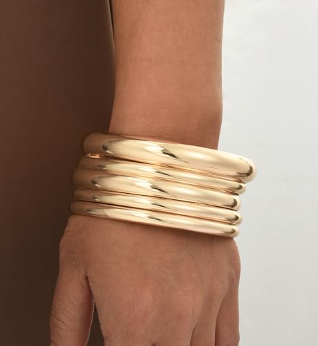 Image of Chunky Gold Bangle Bracelets for Women, Dainty 14k Gold Plated Big Stackable Bangles Set, Trendy Statement Cuff Bracelet Stack Fashion Jewelry Gifts