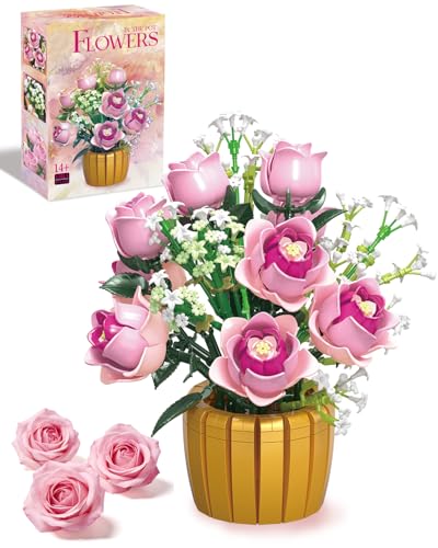 Mavo brix Pink Rose Building Set for Adults, Botanical Flowers Bouquet with Vase, Home Décor Centerpiece, Gift for Women, Valentine's Day, Birthday & Mother's Day, 1056 PCS