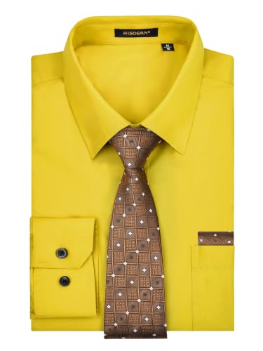 Image of HISDERN Mens Dress Shirt with Tie Pocket Square Set Classic Button Down Shirt Matching Tie Long Sleeve Shirts