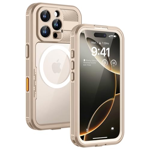 Lanhiem Magnetic for iPhone 16 Pro Case IP68 Waterproof Dustproof Case [Compatible with Magsafe] [Built-in Screen Protector] Full Body Heavy Duty Rugged Phone Cover 6.3 inch Desert