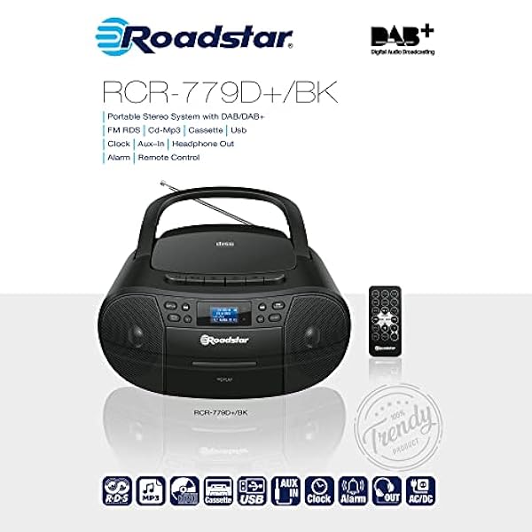 Roadstar RCR-779D /BK, Radio portatile stereo DAB /FM, CD, cassette con telecomando, Nero