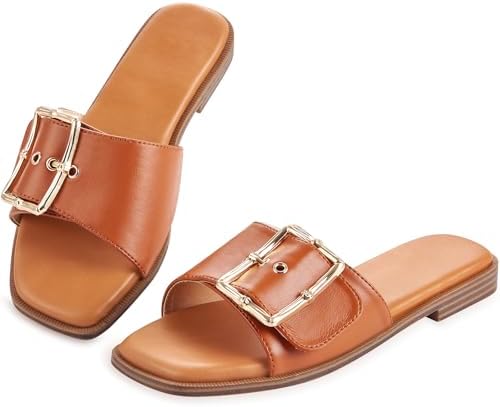 Womens Sandals Slip On Fashion Flat Sandals Soft Memory Foam Slides Comfortable Leather Open Toe Slide For Summer Dressy 2025