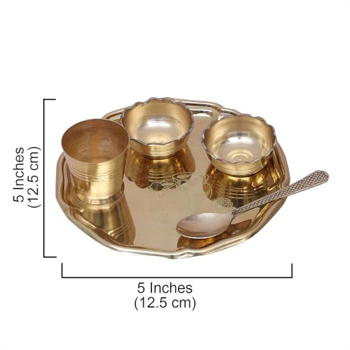 Image of Two Moustaches 5 Inches Brass Pooja Thali Set, Brass Thali Set for Bhog, Set of 1 Thali, 2 Katori, 1 Glass and 1 Spoon, Golden, Gifts for Puja Ceremony, Plate for Pooja - Set of 5 Pieces, Small