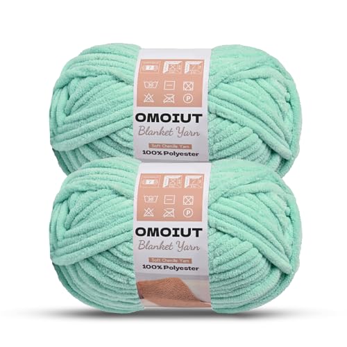 Image of OMoiout Chunky Chenille Yarn for Crocheting, 2 Pack Soft Baby Blanket Yarn, #7 Super Bulky, Chunky Knit Blanket Crochet Yarn, 14 oz /218.7 yds Fluffy Velvet Amigurumi Yarn(2 Mint Green)
