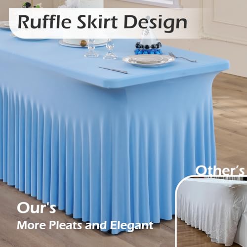 Image of 4 pk Baby Blue Spandex Tablecloth 6ft with Ruffle Skirt, Wrinkle Free High Stretch Fitted Tablecloths for 6 Foot Rectangle Tables, Blue Eastic Spandex Table Covers 6ft for Parties Banquet Weddings