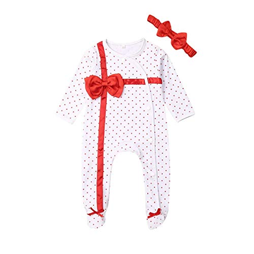 LAJIFENLEI Newborn Baby Girl Boy Footed Polka Dot Romper Bodysuit Jumpsuit + Headband Clothes Outfits 0-12M (White+Red Dot, 6-12m)