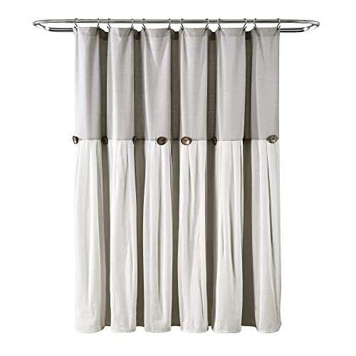 Image of Lush Decor Linen Button Shower Curtain, 72 inch W x 84 inch L, Gray & Off White - Extra Long Shower Curtains - Gray Shower Curtain Fabric - Farmhouse Bathroom Decor