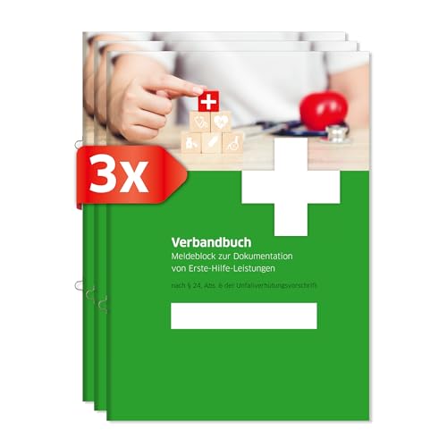 PRIMUS PRINT Verbandbuch - Unfallbuch - Erste-Hilfe Dokumentation - Meldebuch DSGVO konform - A5 Format - Ringösenheftung und Abrissperforation - Gewerbe, Arbeit und Erste-Hilfe-Maßnahmen [3er Set]