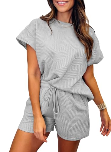 Famulily Conjuntos de ropa de descanso para mujer, cuello redondo, manga casquillo y pantalones cortos con cordón, trajes de ocio de 2 piezas con bolsillos, gris, XXL