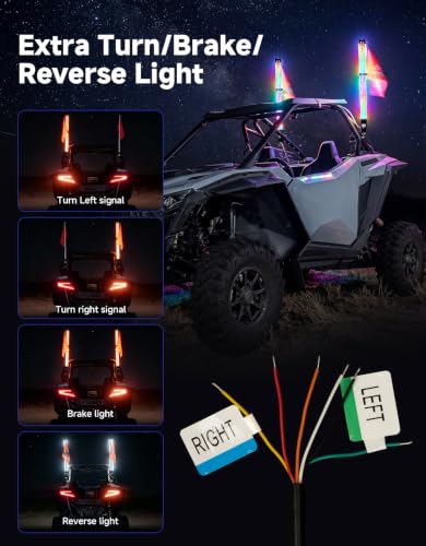Image of KEMIMOTO 2pc 3ft Fat Whip Lights for Side by Side, Turning Signal Function | 360 Lighting, 366+ Light Modes, Music Sync Compatible with Polaris RZR Can-Am X3 UTV Buggy Boat Offroad