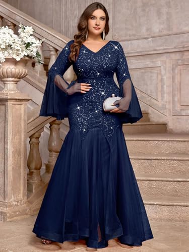 Image of MISSMAY Women's Plus Size Formal Evening Gowns Sequin Mermaid Tulle Dresses