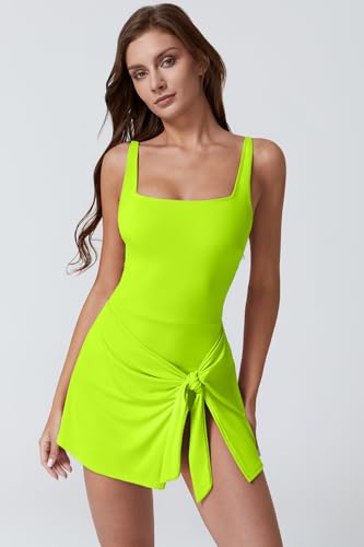 Image of QINSEN Square Neck Swim Dress for Women Tummy Control One Piece Swimsuit Wrap Bathing Suit