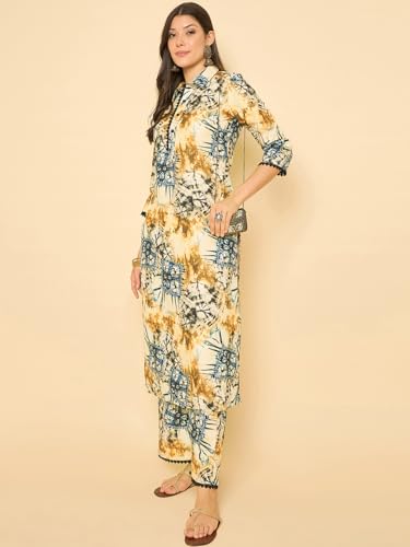 Image of SheWill Women Cotton Blend Floral Printed Straight Kurta with Mandarin Collar, Button Detailing, and 3 /4th Sleeves Paired with Matching Printed Pants