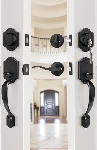 Image of Goldenwarm Double Front Door Lock Set, Black Double Door Handle with Dummy, Double Classic Front Door Hardware Set with Reversible Wave Handle Lever, Matte Black Double Entry Door Lock Set