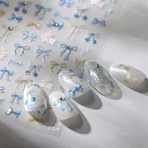 5D Embossed Bow Nail Stickers Blue Bow Nail Art Stickers Self-Adhesive Rabbit Nail Decals Ribbon Nail Sticker with Rhinestone Design Spring Summer Nails Supplies for Women Girls DIY Manicure