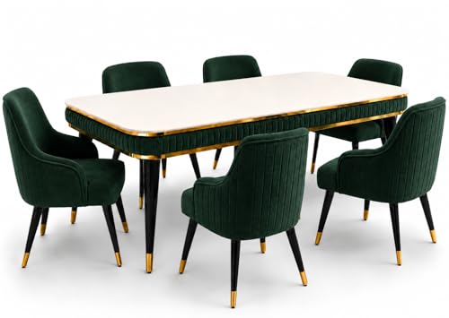 Image of WOODEN SPACE 6-Seater Wooden Dining Table Set | Nano Composite Marble Top | Solid Wood Base | Modern Dining Room Furniture with 6 Chairs (Dark Green Modern Zyro)